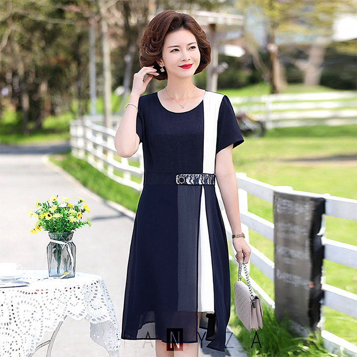 Váy nữ trung niên 2 lớp cổ tròn màu đối xứng