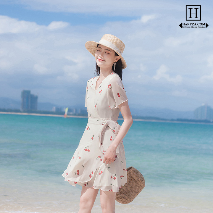 Váy nữ cherry cổ chữ V ngọt ngào