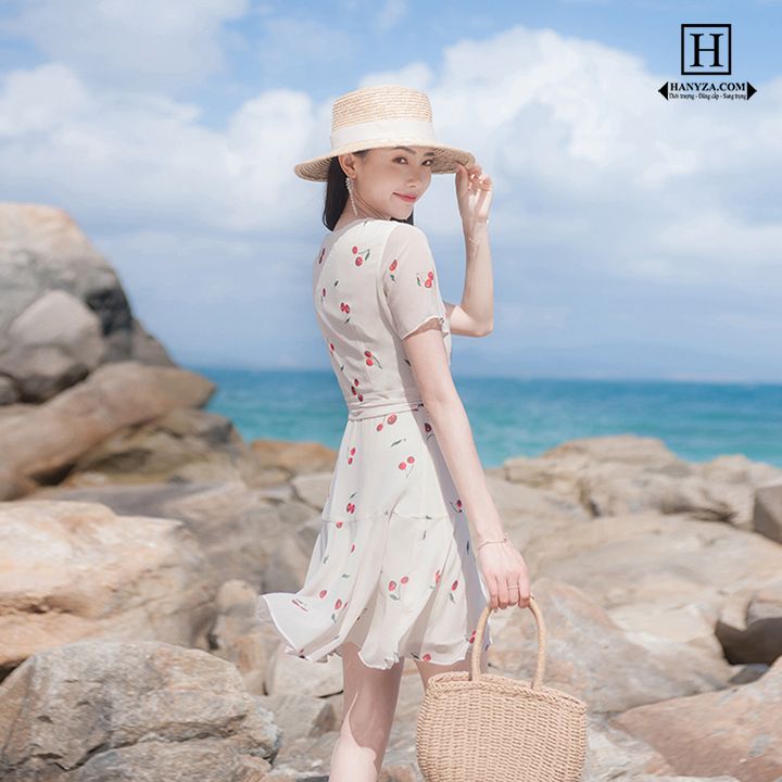 Váy nữ cherry cổ chữ V ngọt ngào