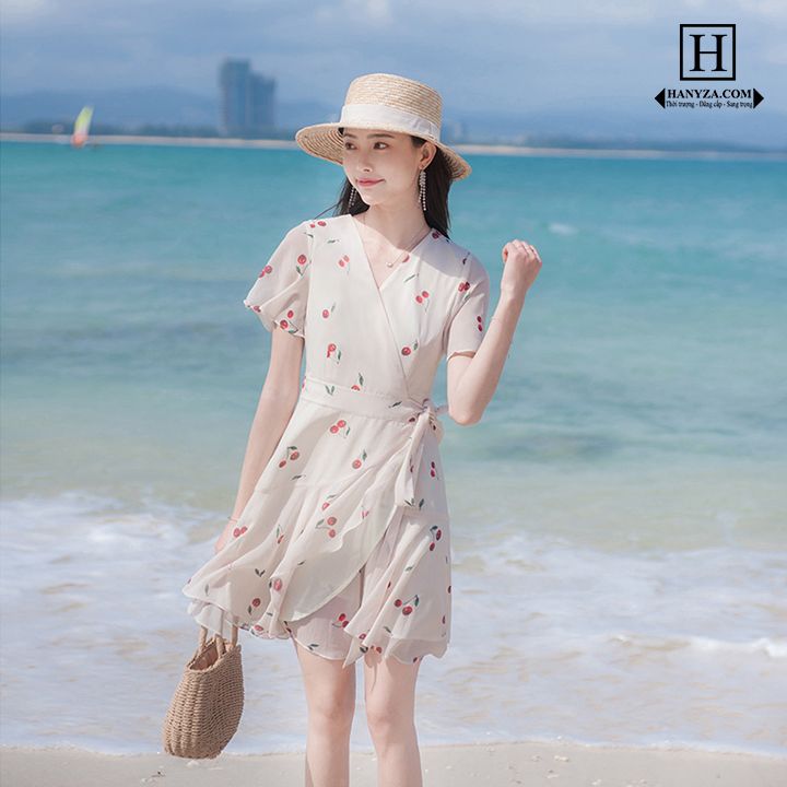 Váy nữ cherry cổ chữ V ngọt ngào