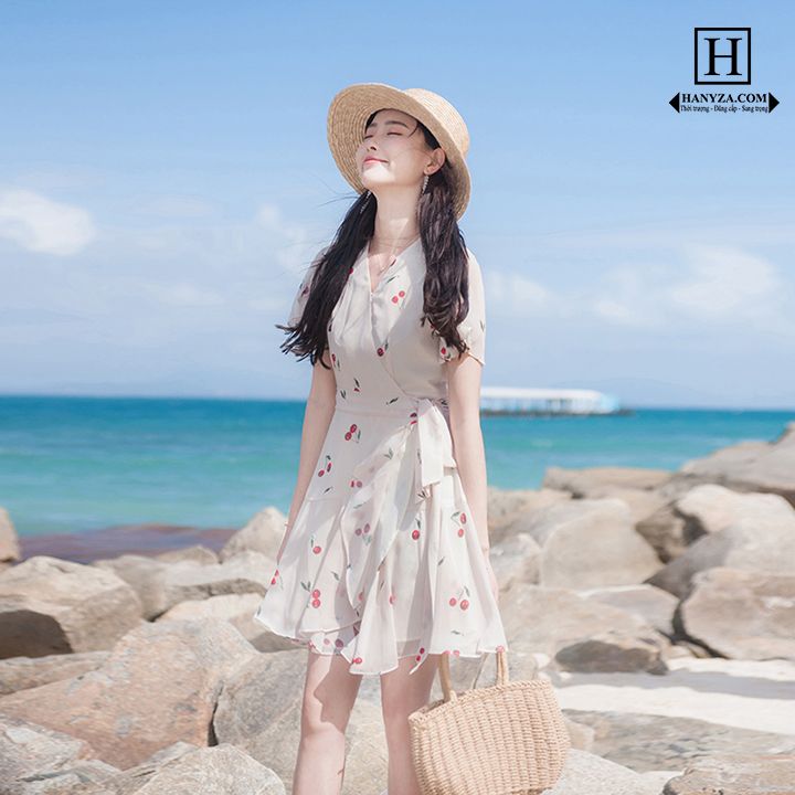 Váy nữ cherry cổ chữ V ngọt ngào