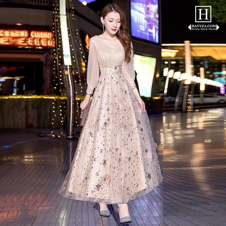 Váy nữ tay voan cổ V họa tiết hình sao