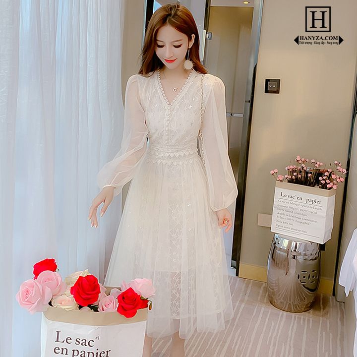 Mã B037 đầm váy dài tay váy liền thân cao cấp kiểu Pháp phong cách mới  ChamCham Shop