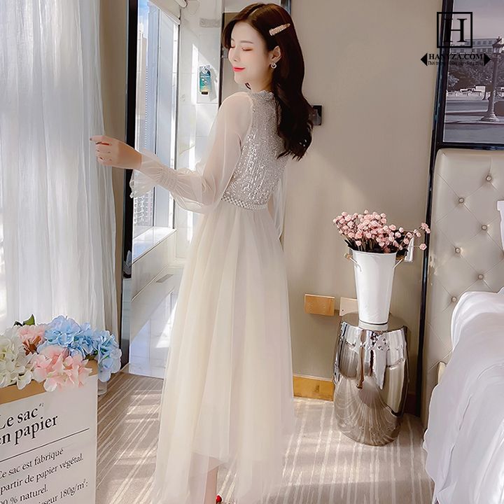 Váy dài nữ cổ chữ V phối kim sa