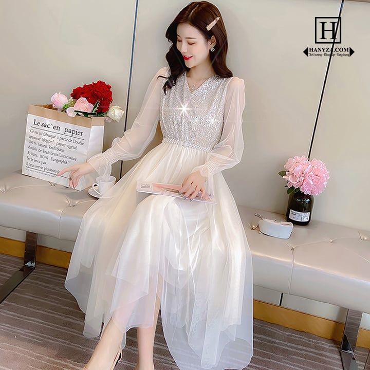 Váy dài nữ cổ chữ V phối kim sa