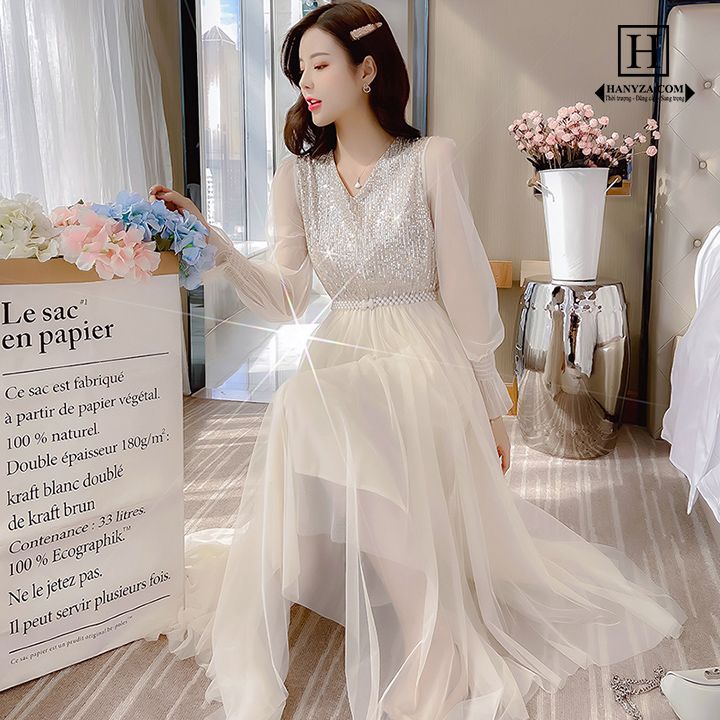 Váy dài nữ cổ chữ V phối kim sa