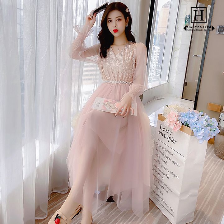 Váy dài nữ cổ chữ V phối kim sa