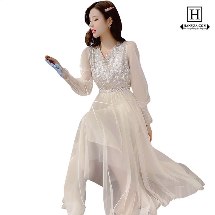 Váy dài nữ cổ chữ V phối kim sa
