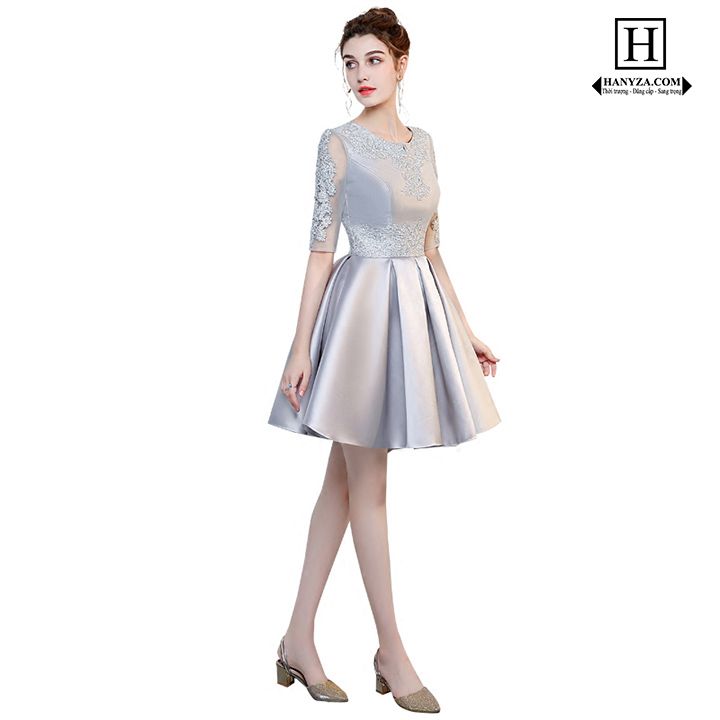 Váy ngắn nữ dự tiệc tay voan phối ren kim sa