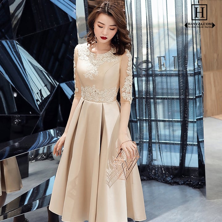 Váy dài nữ dự tiệc tay lỡ phối ren kim sa