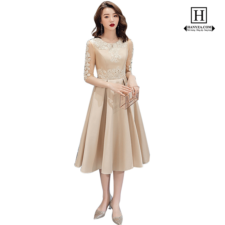 Váy dài nữ dự tiệc tay lỡ phối ren kim sa