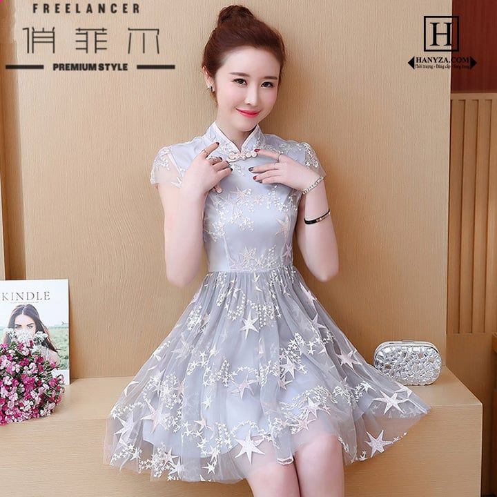 Váy voan nữ 2 lớp cổ tàu ngắn tay