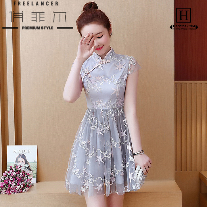 Váy voan nữ 2 lớp cổ tàu ngắn tay