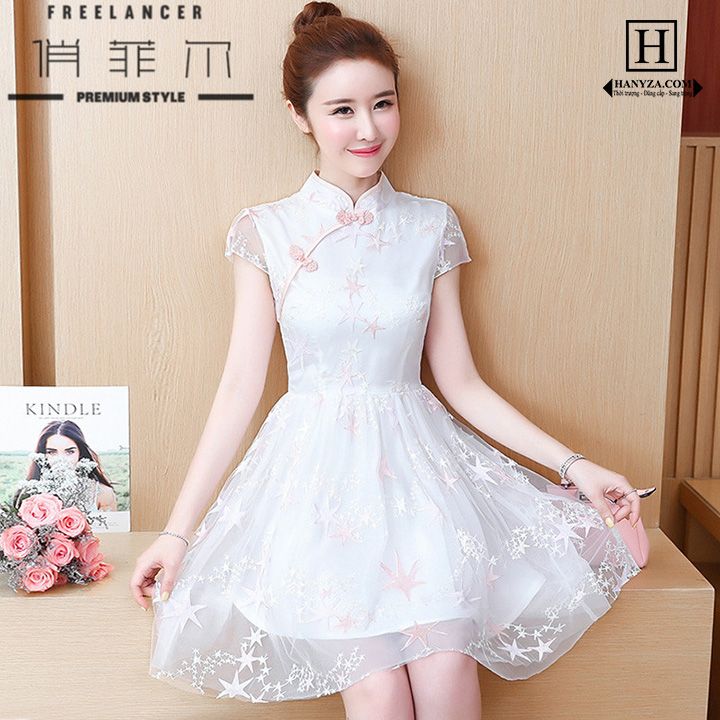 Váy voan nữ 2 lớp cổ tàu ngắn tay