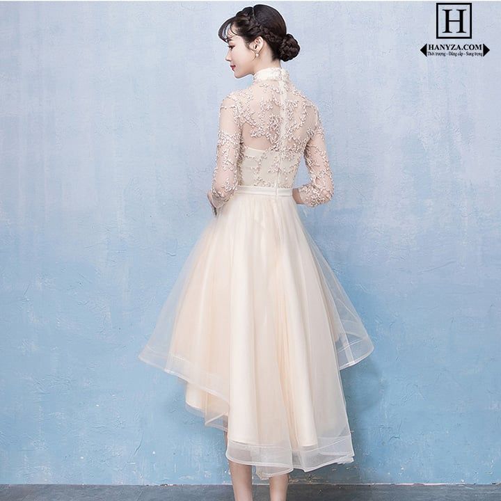 Váy ren hoa nữ cổ đứng cúp ngực đuôi tôm