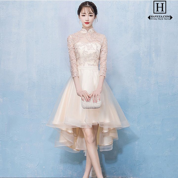 Váy ren hoa nữ cổ đứng cúp ngực đuôi tôm