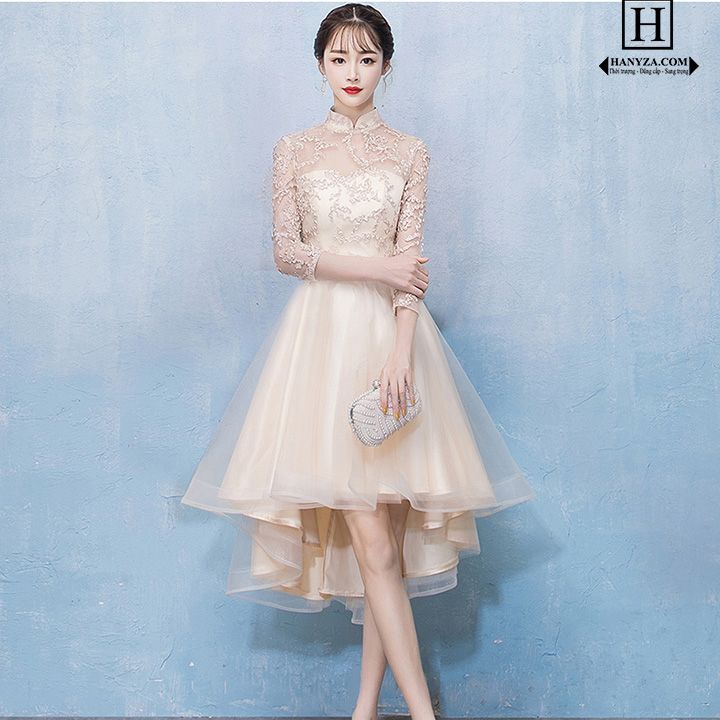 Váy ren hoa nữ cổ đứng cúp ngực đuôi tôm