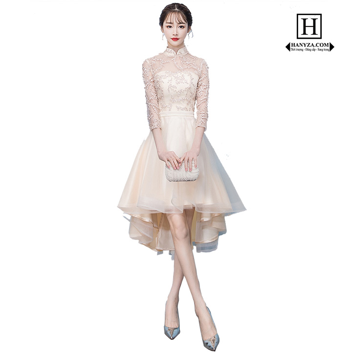 Váy ren hoa nữ cổ đứng cúp ngực đuôi tôm