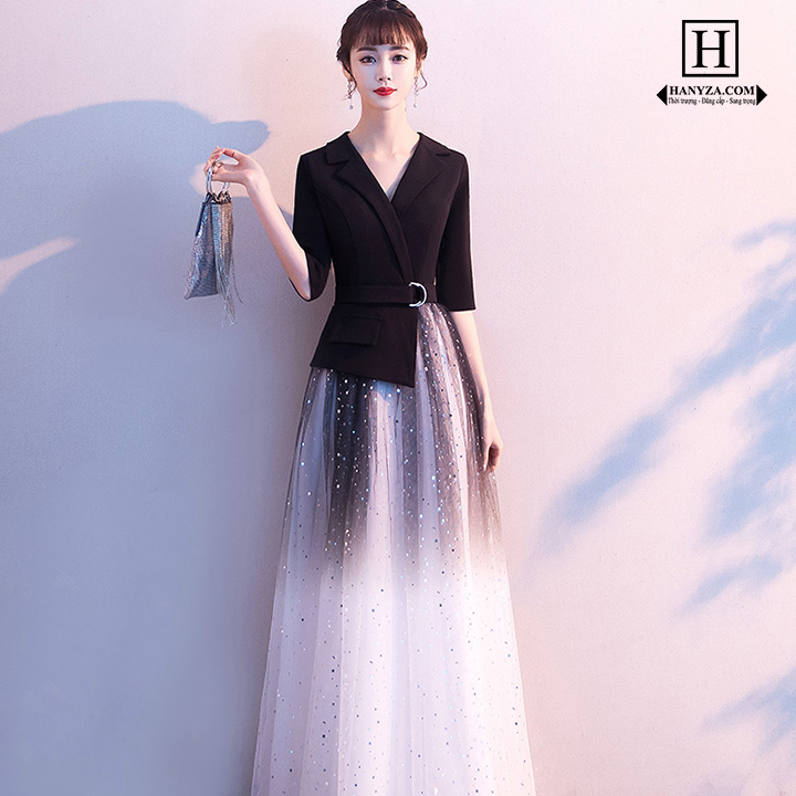 Váy dài nữ phối áo vest vạt lệch tay lỡ