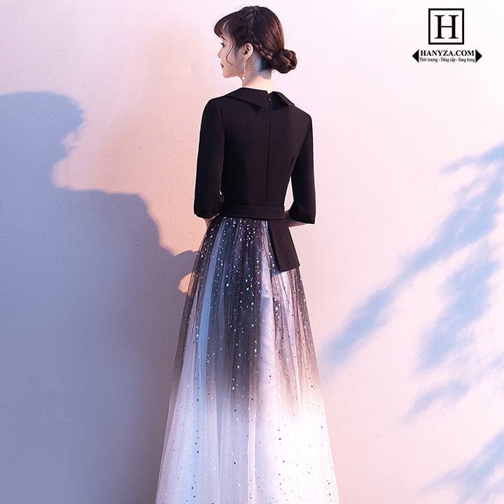 Váy dài nữ phối áo vest vạt lệch tay lỡ