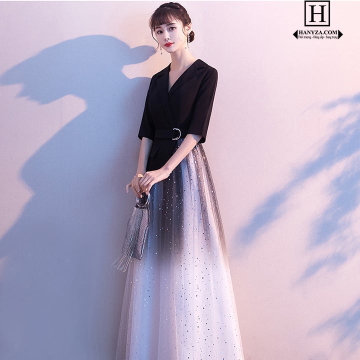 Váy dài nữ phối áo vest vạt lệch tay lỡ