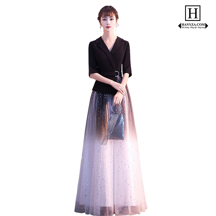 Váy dài nữ phối áo vest vạt lệch tay lỡ
