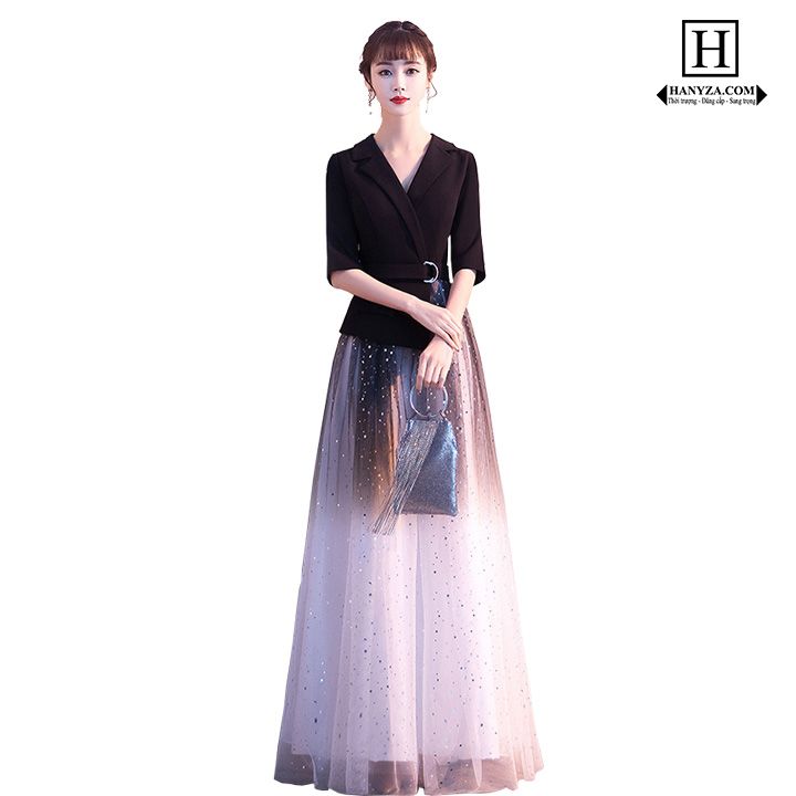 Váy dài nữ phối áo vest vạt lệch tay lỡ