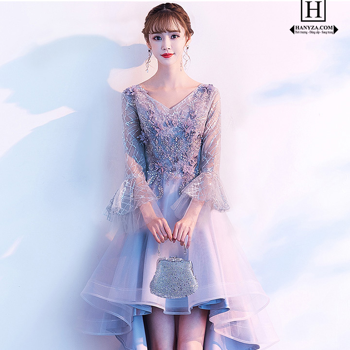 Váy nữ đuôi tôm phủ ren đính hoa 3D