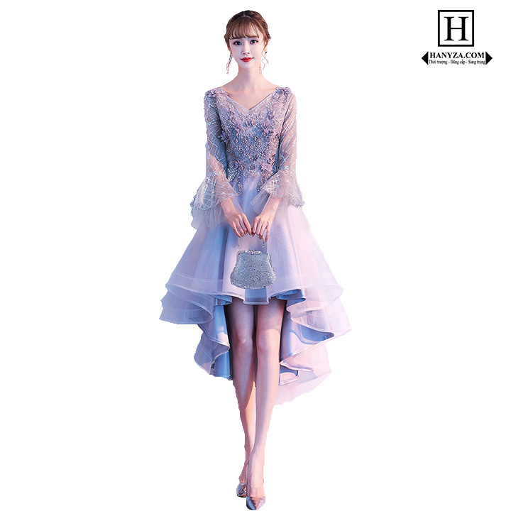 Váy nữ đuôi tôm phủ ren đính hoa 3D