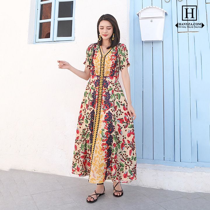 Váy dài đi biển nữ in họa tiết hoa lá cổ điển