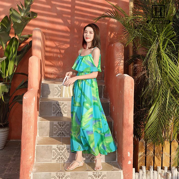 Váy dài đi biển nữ không vai phối màu