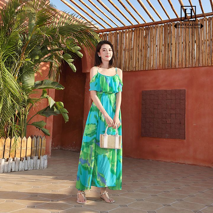 Váy dài đi biển nữ không vai phối màu