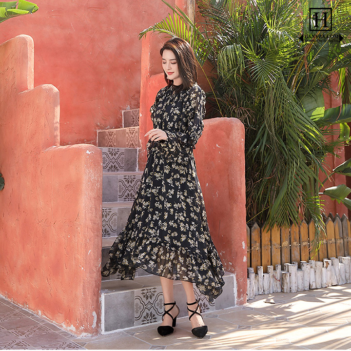 Váy dài đi biển nữ in hoa dài tay
