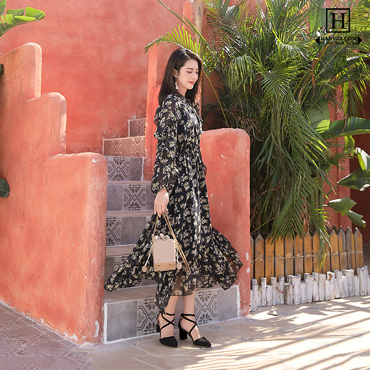 Váy dài đi biển nữ in hoa dài tay