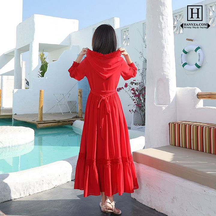 Váy dài nữ riềm ren phối mũ nhấn eo