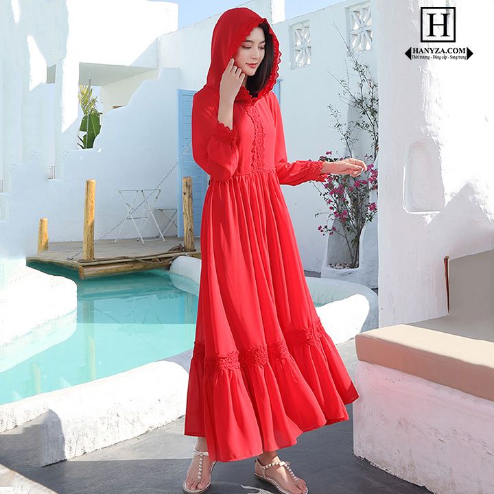 Váy dài nữ riềm ren phối mũ nhấn eo