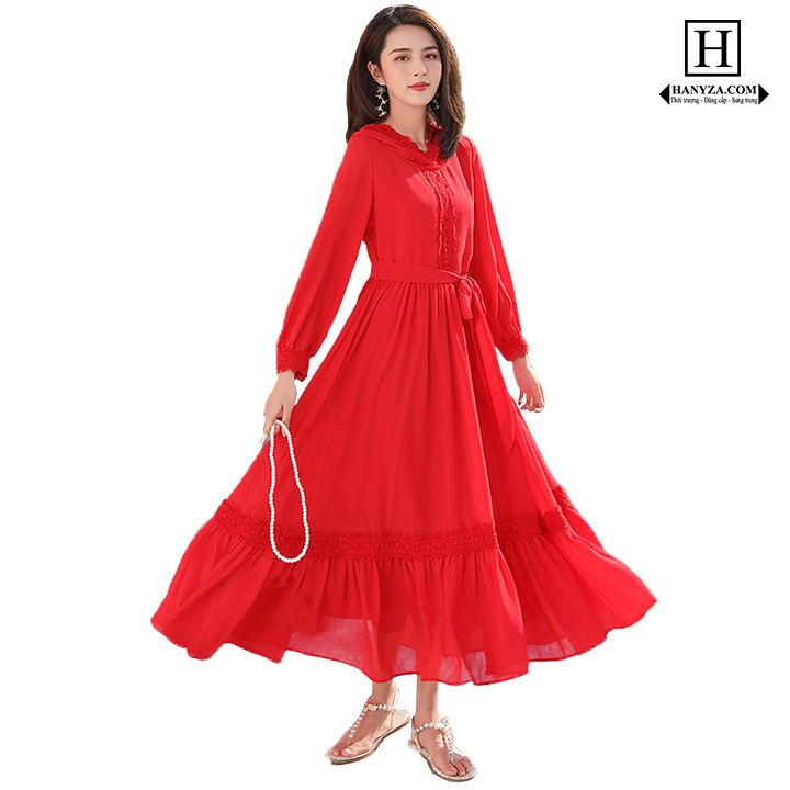 Váy dài nữ riềm ren phối mũ nhấn eo