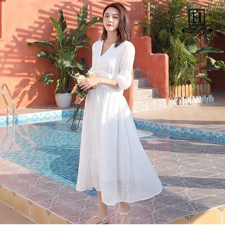 Váy dài nữ tay chuông cổ chữ V Bohemia