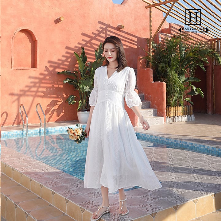 Váy dài nữ tay chuông cổ chữ V Bohemia