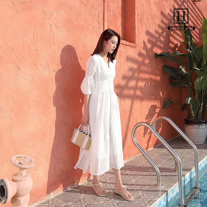 Váy dài nữ tay chuông cổ chữ V Bohemia