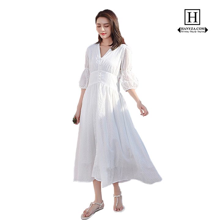 Váy dài nữ tay chuông cổ chữ V Bohemia