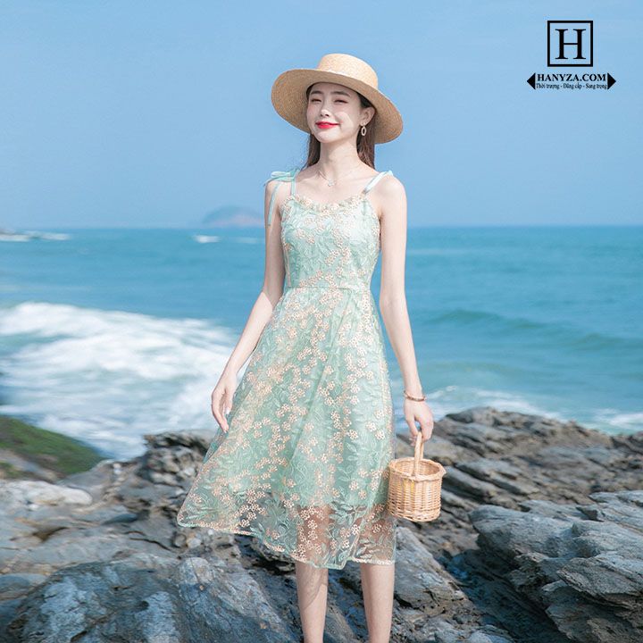 Váy đi biển nữ phối ren hoa rỗng kiểu Pháp