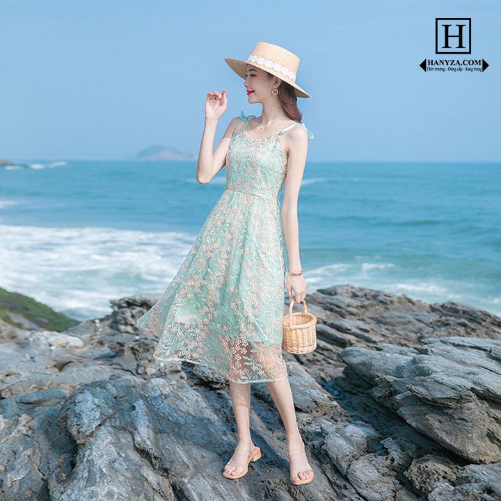 Váy đi biển nữ phối ren hoa rỗng kiểu Pháp