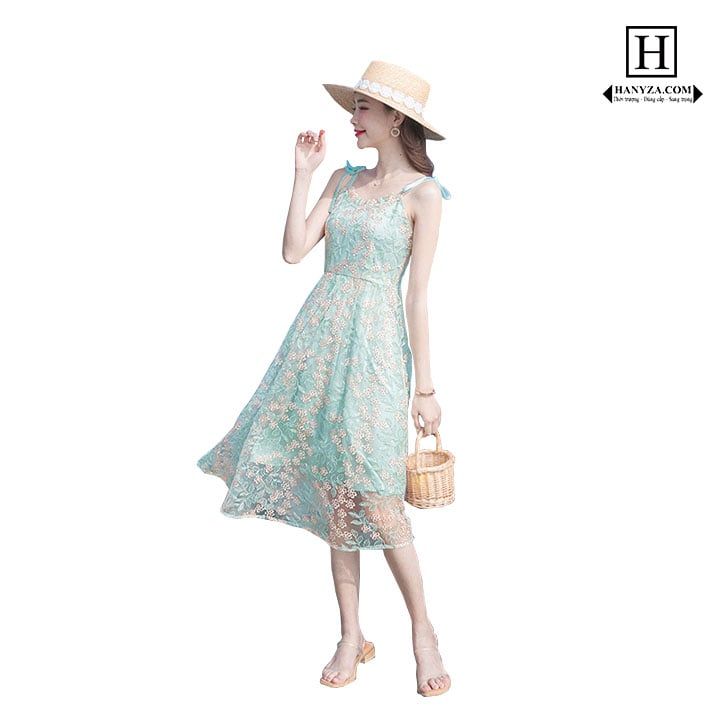 Váy đi biển nữ phối ren hoa rỗng kiểu Pháp