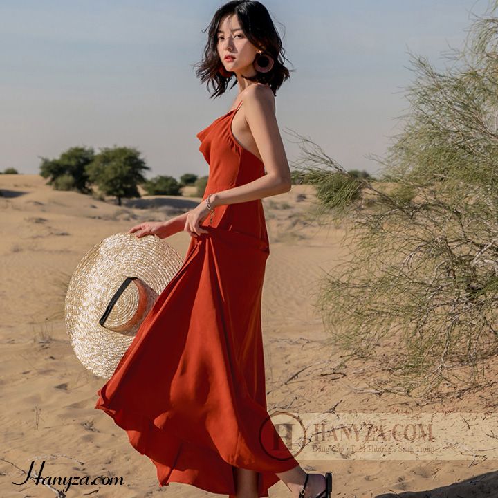 Váy dài nữ 2 dây nhấn eo cổ trễ hở lưng
