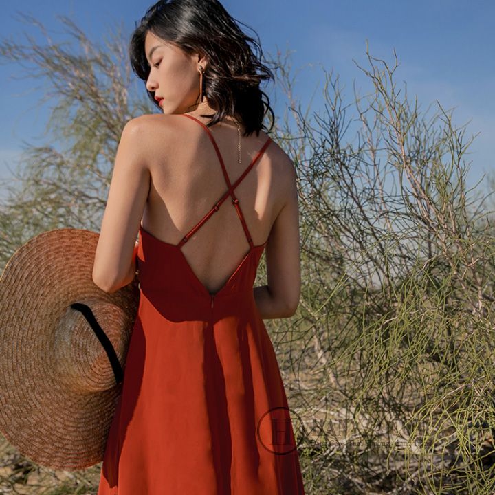 Váy dài nữ 2 dây nhấn eo cổ trễ hở lưng