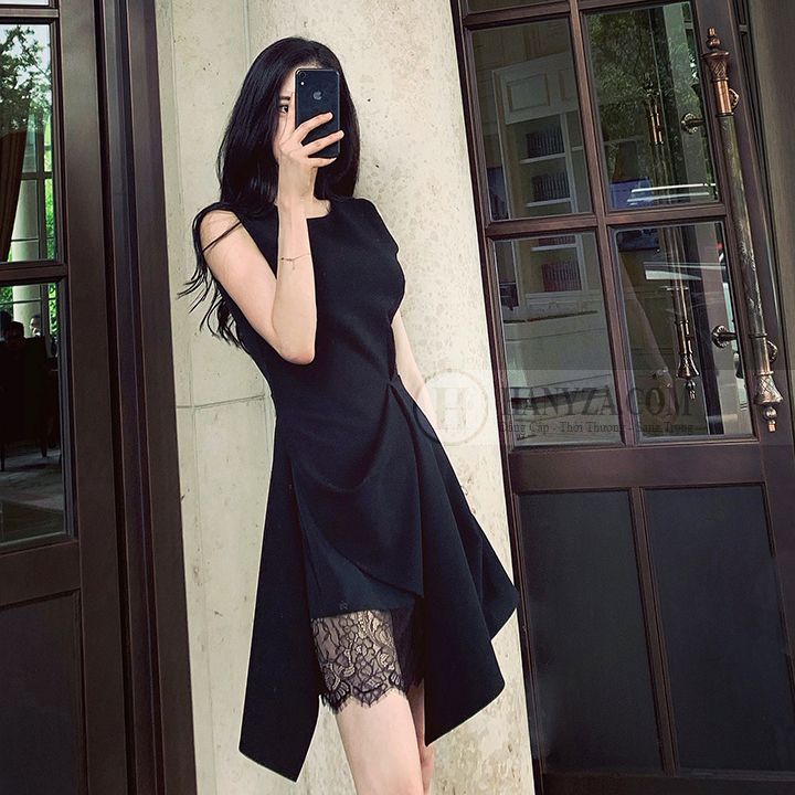 Váy nữ sát nách vạt cách điệu phối ren