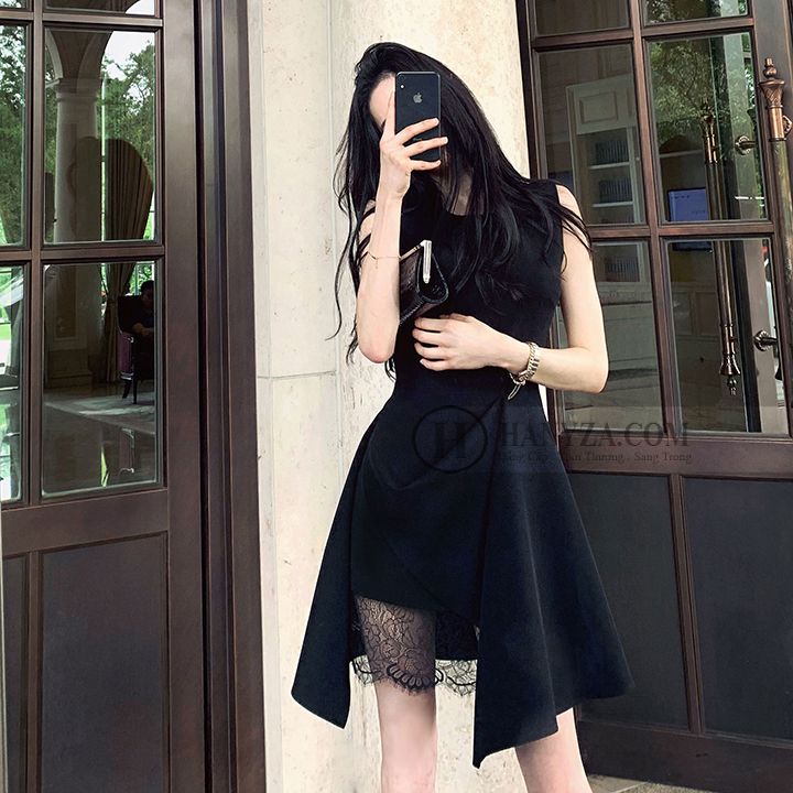 Váy nữ sát nách vạt cách điệu phối ren