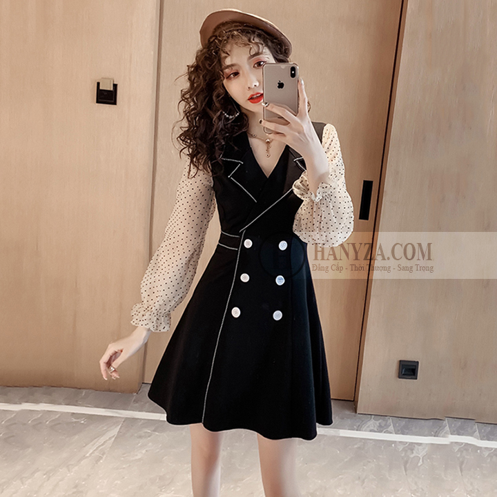 Váy nữ cổ vest tay voan chấm bi