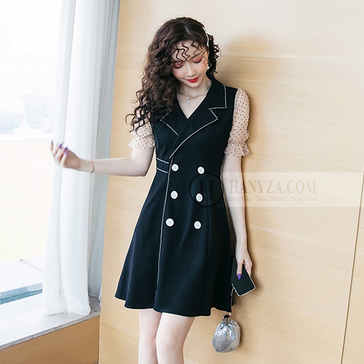 Váy nữ cổ vest tay voan chấm bi